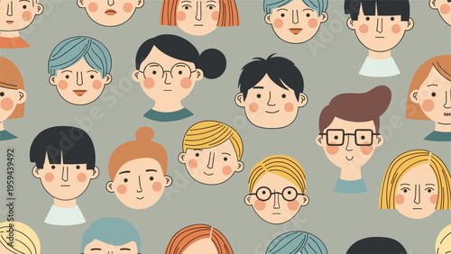 Diverse collection of stylized human faces representing different personalities and hairstyles on grey.
