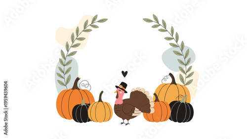 Festive Thanksgiving illustration with a cute turkey wearing a pilgrim hat surrounded by various pumpkins.