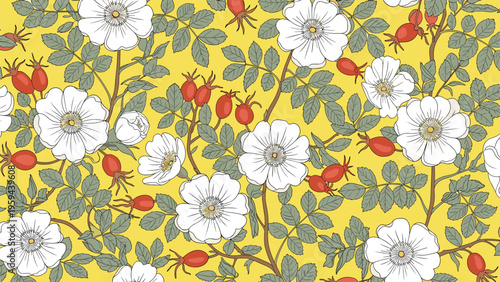 Vibrant floral pattern with white wild roses and red rosehips on a sunny yellow background with leaves.