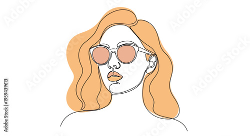 Minimalist portrait of a woman with wavy hair and sunglasses, single line drawing