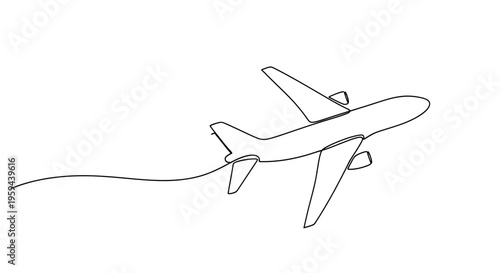 Minimalist line drawing of an airplane in flight, trailing a wavy line