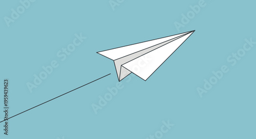 A folded white paper airplane soars through a clear blue sky, leaving a subtle trail