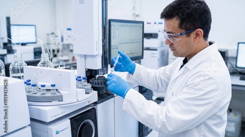 Scientist in a lab coat and gloves operates analytical equipment in a modern laboratory setting focused on chemical or pharmaceutical research.