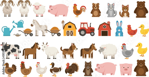 Farm Animal Set Featuring Sheep, Pigs, Chickens, Horses, Ducks, Roosters, and Farm Tools for Agricultural and Rural Illustrations