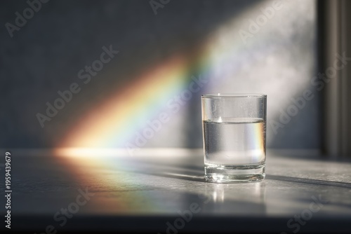 rainbow forming inside glass of water on kitchen counter surreal everyday magic concept