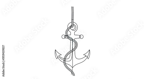 A simple line drawing of a classic anchor suspended by a rope