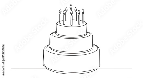 A three-tiered cake with lit candles on top, drawn in a simple outline style
