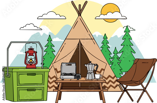 Outdoor camping landscape with teepee tent and equipment, mountain wilderness glamping vector, summer hiking and forest adventure scene