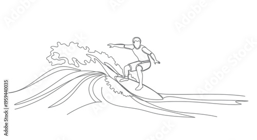 A minimalist outline of a surfer riding a wave