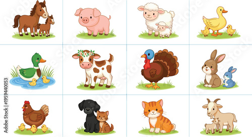 Farm Animal Set Featuring Horses, Pigs, Ducks, Goats, Chickens, Rabbits, and More for Cute Farmyard Illustrations