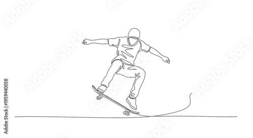 One line drawing of skateboarder performing a trick mid-air