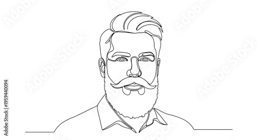 Single line drawing of a man with a beard, mustache, and styled hair