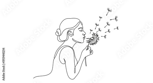 Photos Minimalist line art depicts a woman blowing on a dandelion, sending seeds adrift