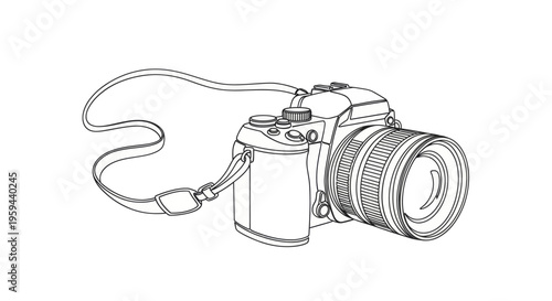 A detailed line drawing of a digital camera with a lens and strap