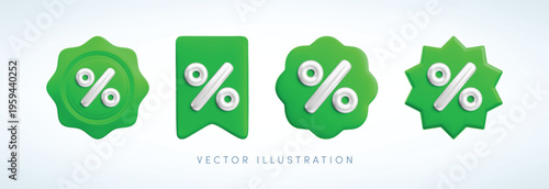 Vector cartoon 3d Green Sale badges set. Cute label starburst, ribbon, seal with white percent sign. Realistic 3d render shopping sticker for sale banner, tag, Black Friday discount app, special offer