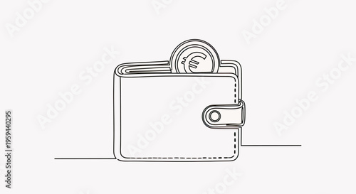 Minimalist line art of a closed wallet with a euro coin peeking out
