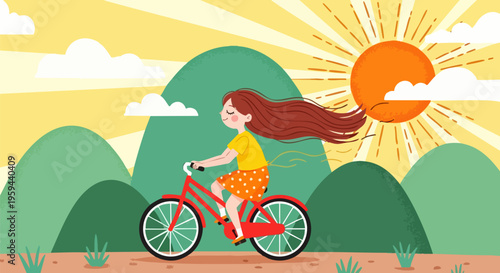 Flat vector illustration of a girl riding a bicycle at sunset, young woman cycling through green hills, summer outdoor activity landscape