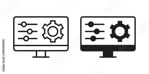 Two computer monitors display settings and gears side by side on screen