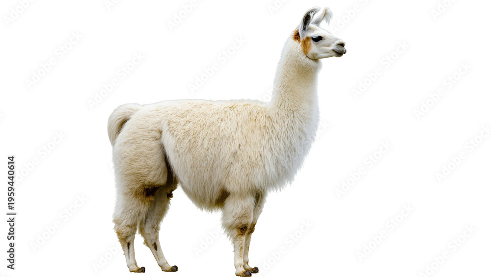 Obraz premium Majestic white llama standing gracefully, full-body portrait of a domesticated South American camelid.