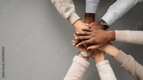 Professionals forming a central hand pile to convey support, mentoring, partnership and shared responsibility