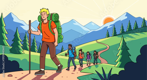 Outdoor hiking adventure illustration, group of backpackers trekking on mountain trail, scenic nature landscape with forest and sunrise