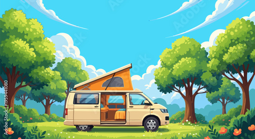 Camper van illustration in lush forest, recreational vehicle with pop-up roof tent in sunny woods, outdoor camping scene vector