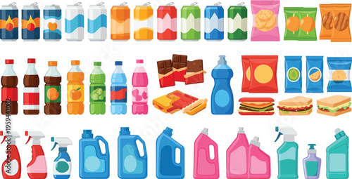 Product Packaging Set Featuring Beverages, Snacks, Cleaning Products, and Grocery Items for Illustrations of Everyday Essentials