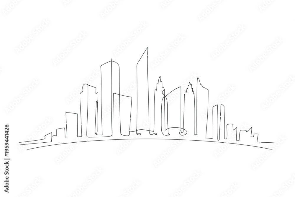 Fototapeta premium Continuous line of a city skyline with varied buildings and skyscrapers one line urban landscape