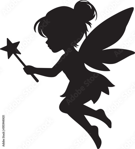Cute Fairy Silhouette Flying with Magic Wand and Wings