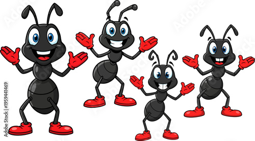 Cartoon ant character collection, set of 4 friendly black ant mascots with red gloves and boots, happy insect illustrations for children