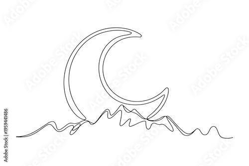 Crescent moon over mountain range line minimalist moonlight landscape