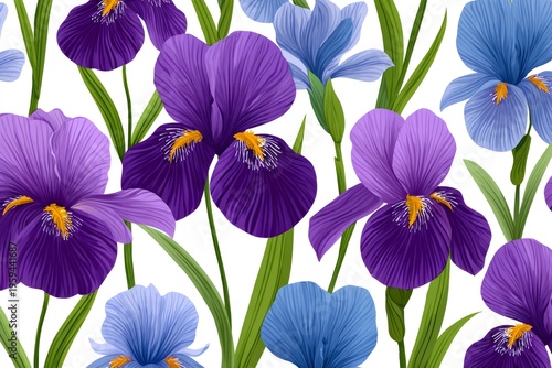 Irises flower blooming botanical seamless pattern