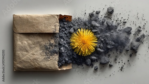 Envelope bearing scattered ash on a pale surface, evoking loss and finality