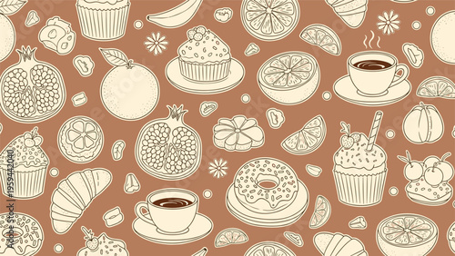 Charming pattern features coffee cups pastries donuts and fruits like pomegranates and citrus slices in brown line art on a tan background.