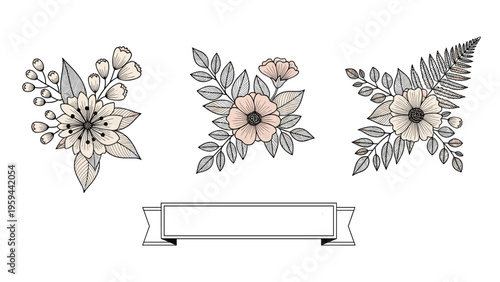 Set of three hand-drawn floral bouquets in soft pink and black ink with an empty vintage ribbon banner for custom text.