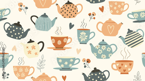 Charming seamless pattern of various teapots and teacups decorated with floral and heart patterns on a light cream base.