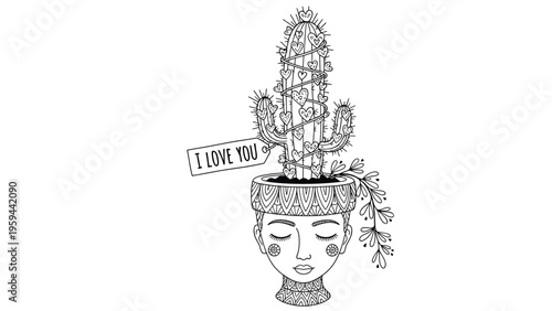 Line art illustration of a woman's face as a flower pot containing a cactus wrapped in a string of glowing heart lights.