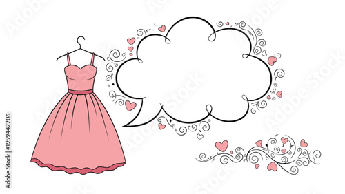 Feminine illustration of a pink dress on a hanger next to a large decorative speech bubble adorned with small hearts.
