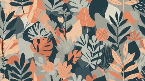 Modern seamless pattern of large abstract tropical leaves in a palette of muted orange, grey, and dark blue for decor.