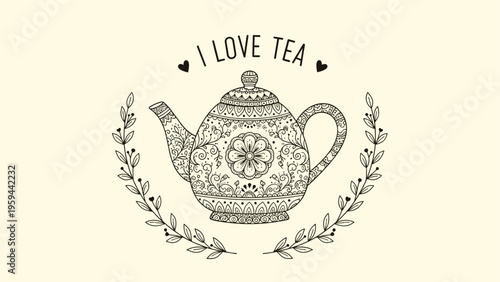 Decorative teapot illustration featuring intricate floral and paisley patterns with the words I love tea written in a stylish font above.