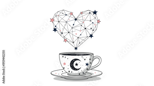Whimsical illustration of a coffee cup decorated with a crescent moon and stars, with a geometric heart rising from it.