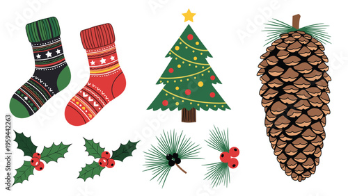 Collection of traditional Christmas elements features festive stockings a decorated tree a large pinecone holly leaves and evergreen branches.