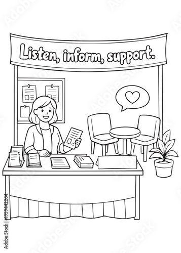 coloring book page community supporter listening informing and supporting at a help desk
