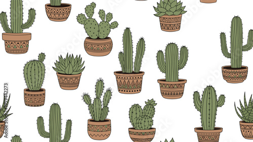 Seamless pattern displays various hand-drawn green cacti and succulents in charming decorative pots with tribal and geometric designs.