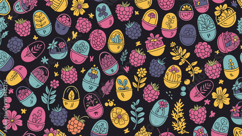 Rich pattern features various berries like raspberries and blackberries alongside small potted plants and flowers on a dark background.
