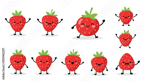Adorable set of strawberry characters features different facial expressions and poses from waving to smiling on a clean white background.
