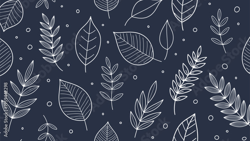 Elegant white line art leaves and branches are drawn in a seamless pattern over a dark navy blue background for a sophisticated look.