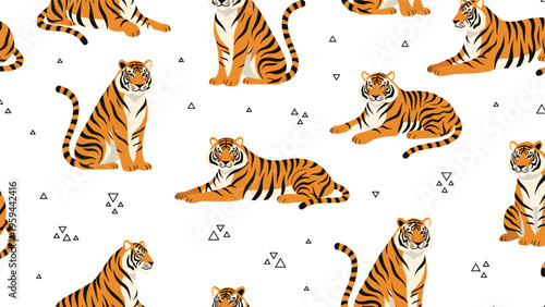 Lively pattern features orange tigers in various poses like sitting and lying down among small black triangles on a clean white background.