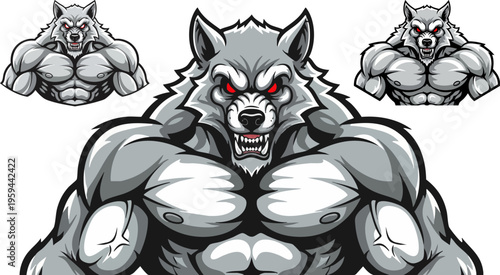 Aggressive muscular wolf mascot vector set, fierce werewolf bodybuilder with red eyes, 3 gray wolf gym icons for sports team branding and fitness apparel
