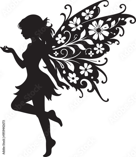 Elegant Fairy Silhouette with Floral Pattern Wings Isolated on White Background